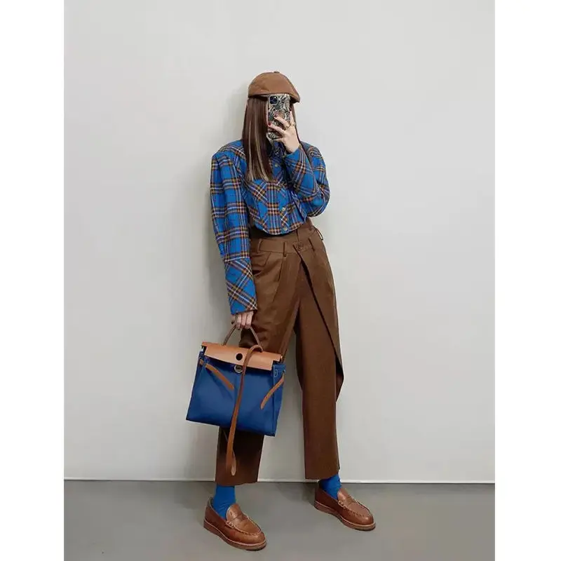 SALIENCY ربيع الخريف خمر منقوشة قميص المرأة طويلة الأكمام بلوزة واحدة الصدر قميص غير رسمي #5