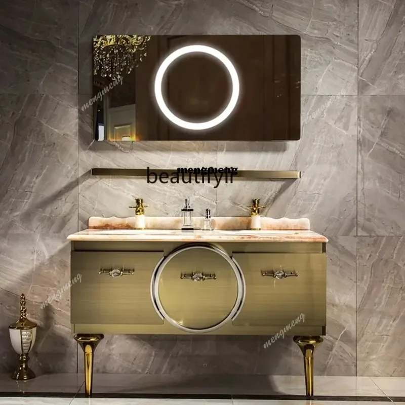Light luxury stainless steel bathroom cabinet combination bathroom washbasin wabi sandy wind gold double basin marble floor