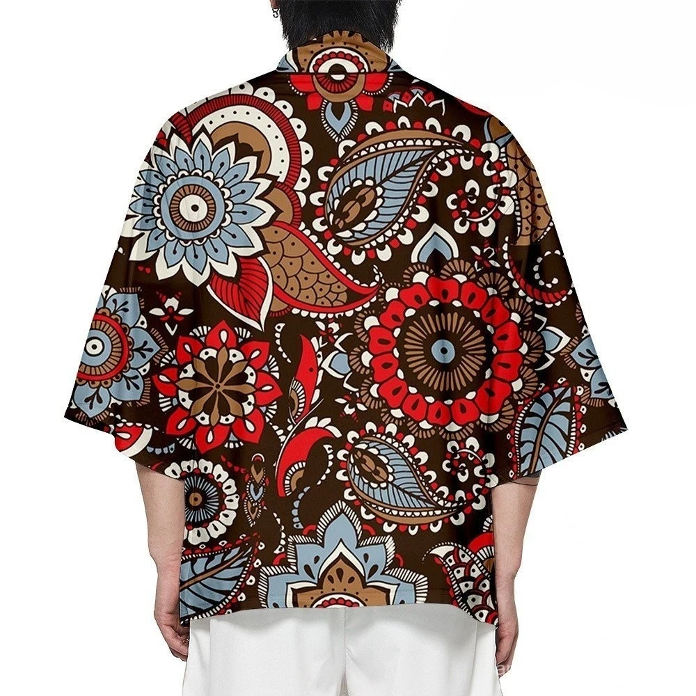 سترة صيفية للرجال من Haori - نمط الكيمونو الياباني بطباعة ثلاثية الأبعاد رداء حمام خفيف الوزن لتغطية ملابس بوهو العرقية #4