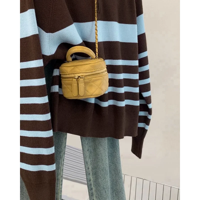 Damski sweter z paskami, zapinany na pół-zamek, jesienno-zimowy, nowy styl, luźny krój, odzież wierzchnia, dzianinowy top.