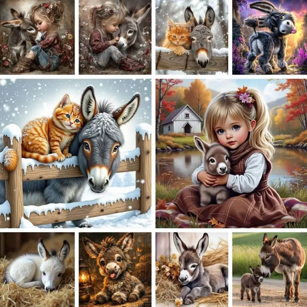DIY Diamond Embroidery Painting Cute Donkey Foal and Cat Full Round Square Drill Farm Animal Rhinestone Art Painting Picture