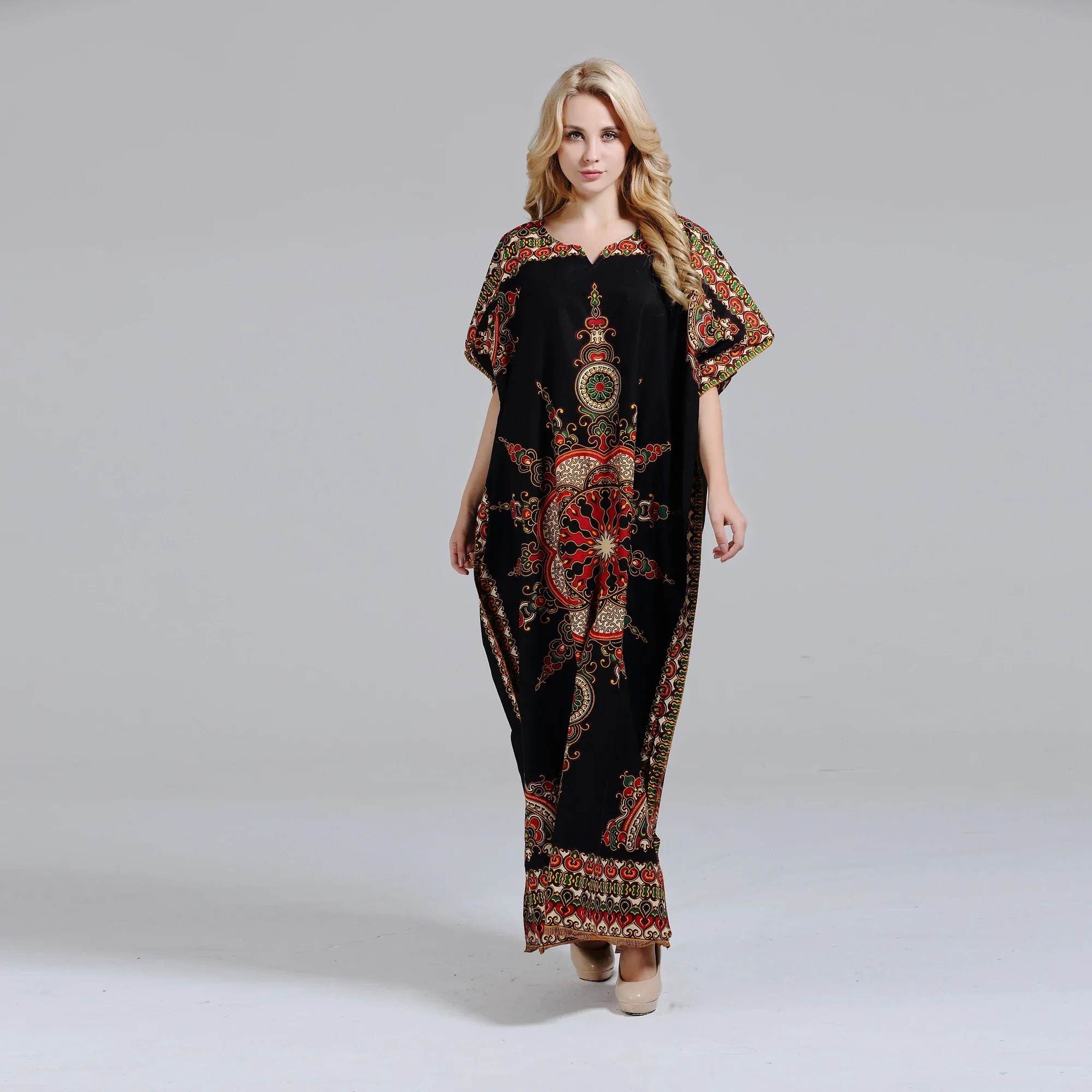 Dashikiage 100% хлопок Дашики нигерийская аппликация Мода Круглый вырез короткий рукав Boubou мусульманская абайя свободное Макси платье Новинка