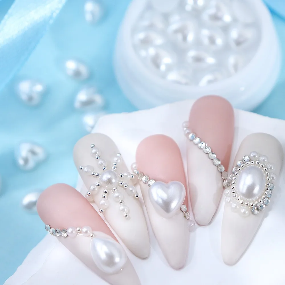 New High Gloss Imitation Shell Pearl Love Bow Nail Decoration Steel Ball Texture Three Dimensional Flat Bottom Nail Rhinestone