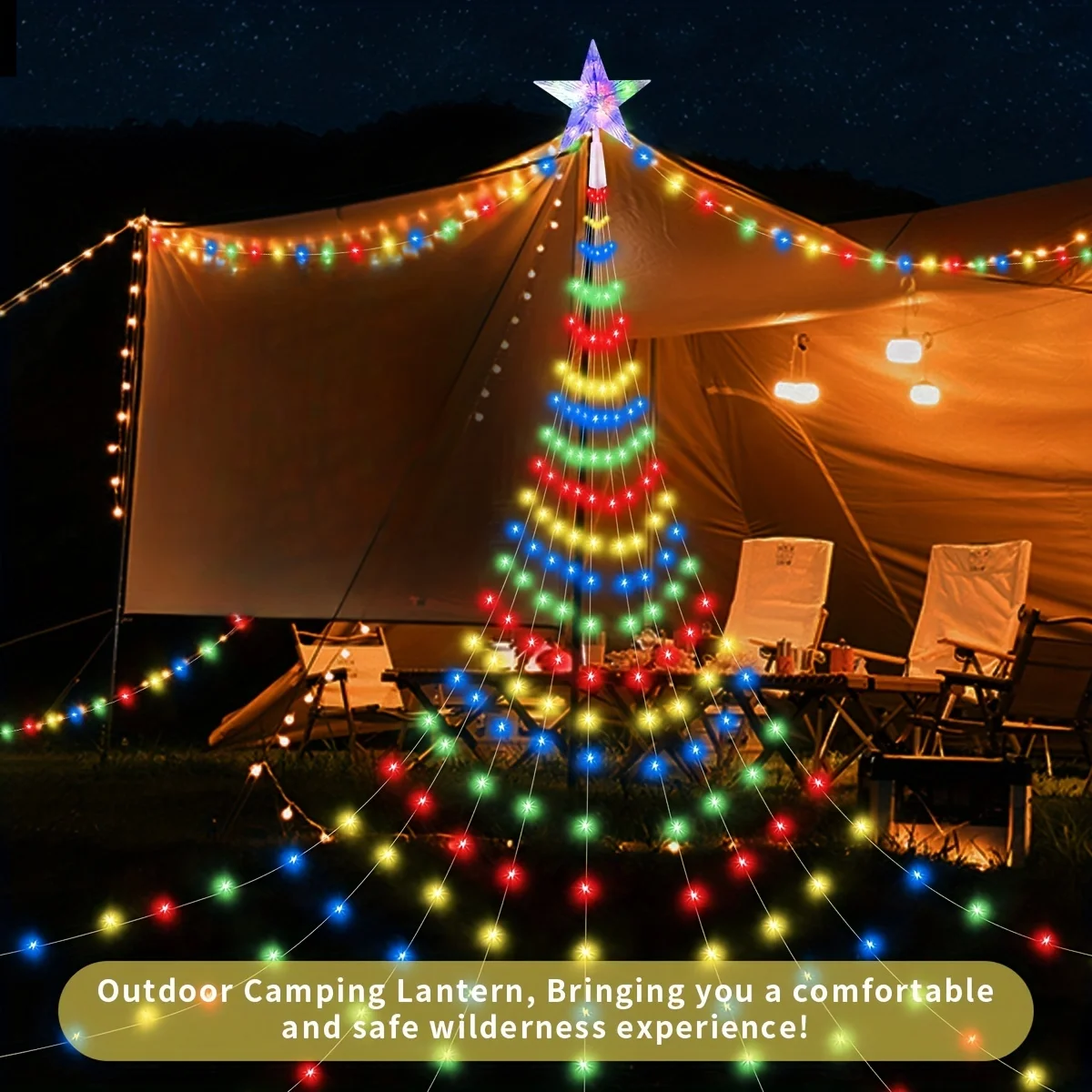 9,8 ft waterdichte zonne-pentagram waterval lichtslingers - 280 LED met 8 modi voor tuin, camping, buiten kerstversiering