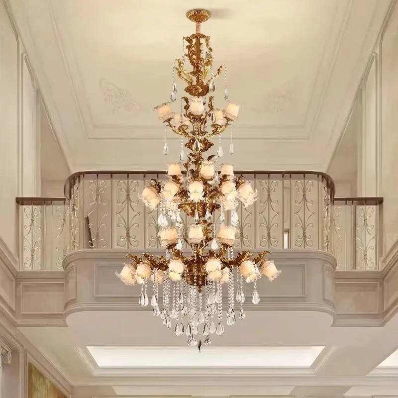 French Style Brass Cyrstal Pendant Light Flower Glass Lampshade Wedding Decor European Luxury Dinning Room Copper Chandelier