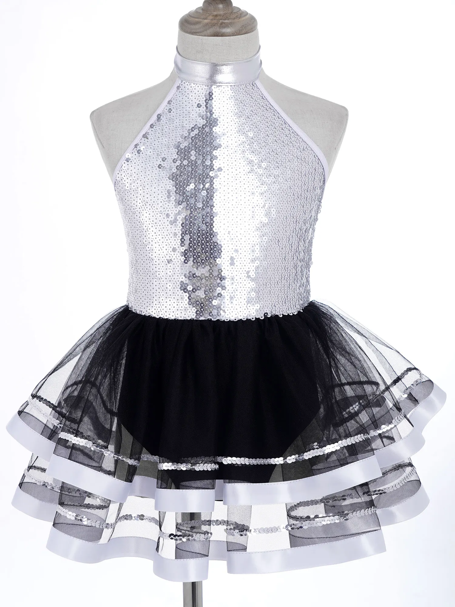 Vestido de tul con lentejuelas brillantes para niñas, leotardos de gimnasia con cuello Halter, traje de baile de patinaje y Jazz Latino moderno