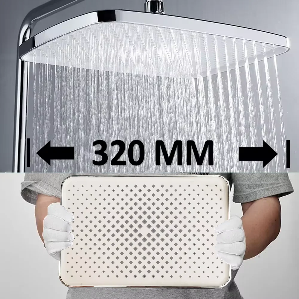 

12 Inches Big Panel Large Flow Ceiling Mounted Supercharge Shower Head Set 4 Modes High Pressure Abs Rainfall Bathroom Shower