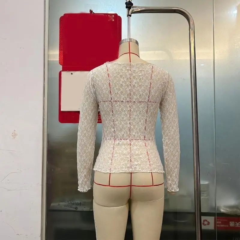 Mujeres cuello redondo manga larga pura shingcon top-top color sólido Ver a través camiseta blusa encaje flores