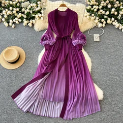 Vintage High Waist Dress Pleated Bandage Lantern Long Sleeve O Neck Dress Chic Autumn Vestidos Women Dress