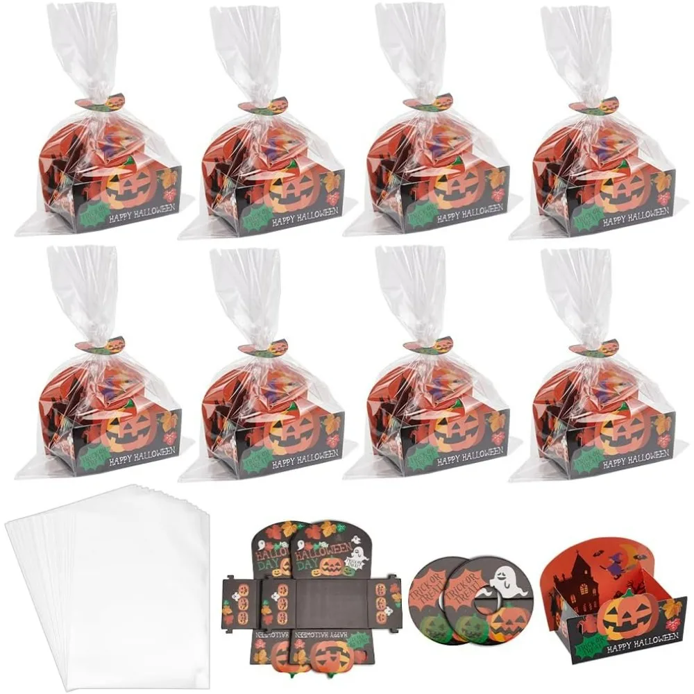 

28 Sets Halloween Trick or Treat Boxes Pumpkin Ghost Bat Gift Box Happy Halloween Candy Box with Cellophane Bag