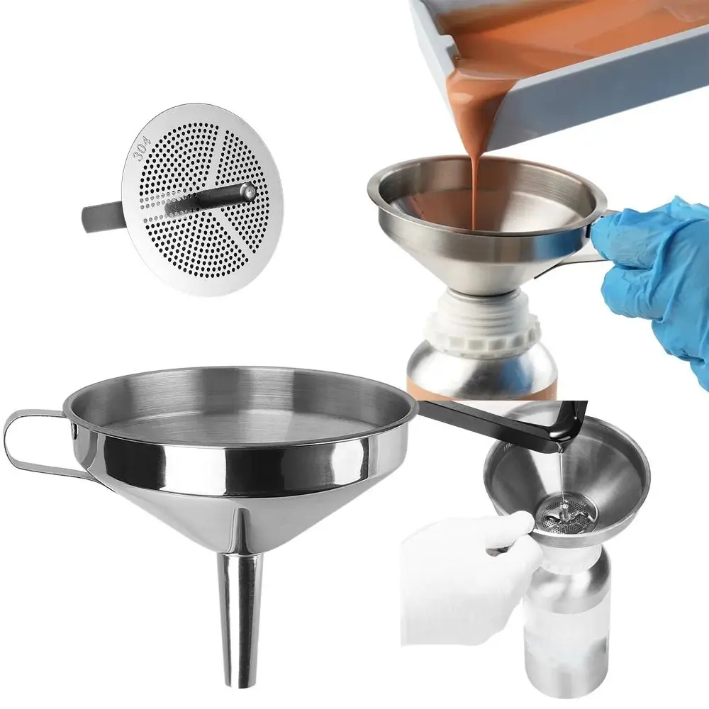 Funil de aço inoxidável de boca larga com filtro removível, filtro de óleo para cozinhar especiarias, ferramenta de cozinha, ferramenta para derramamento de vinho