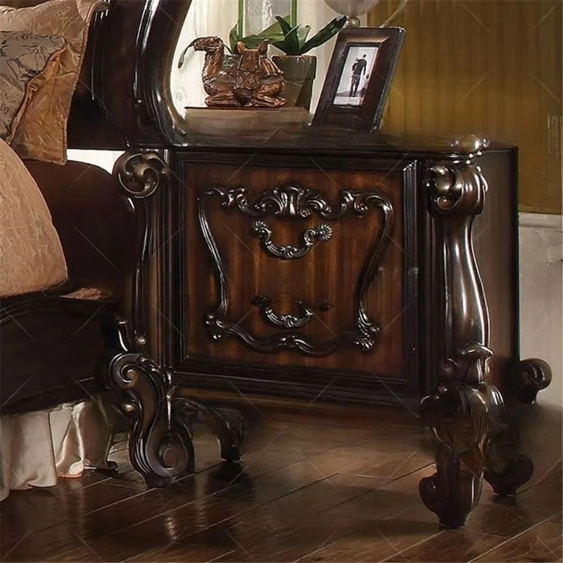 

Antique luxury black wooden bedside table with drawers, bedroom bedside table