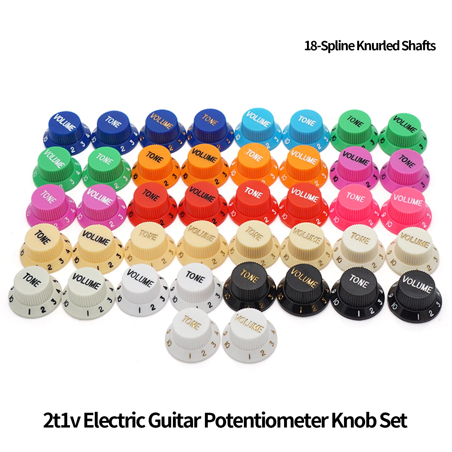 2t1v Electric Guitar Knob Set 18-Spline Knurled Shafts Tone and Volume Control Knobs