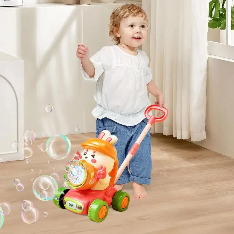 Coelho bolha brinquedos empurrar walker carrinho ao ar livre automático pommeros máquina soprador de sabão luz elétrica bolha crianças presentes aniversário