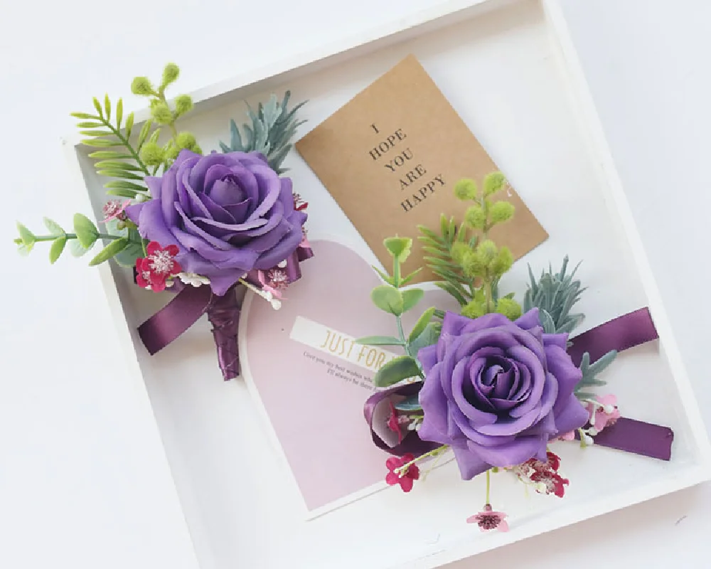 Boutonniere e corpetto da polso forniture per matrimoni ospiti per banchetti fiori simulati fiori per la mano dello sposo e della sposa viola