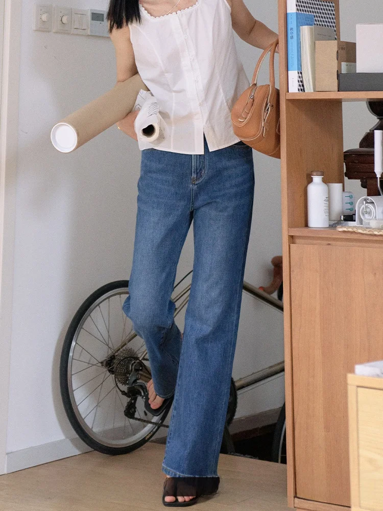 

Jicouture прямые джинсы с высокой талией, женские осенние длинные брюки для похудения, универсальные классические синие хлопковые брюки на молнии