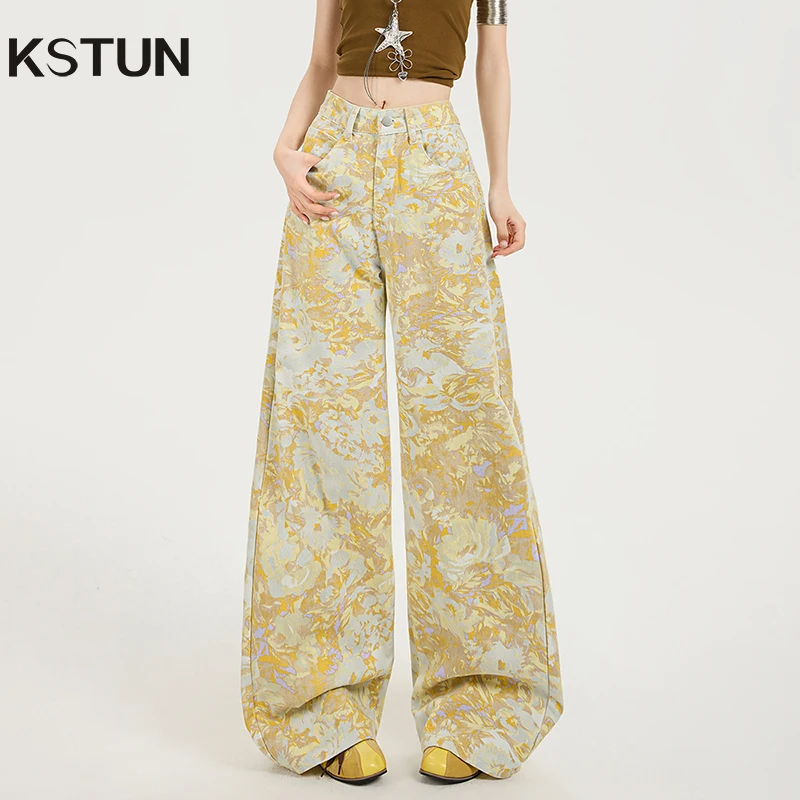 

KSTUN 2025 Summer New Women Baggy Jeans Wide Leg Dragging Pants High Waist Printing Floral Design Tie Dye Loose Denim Trousers