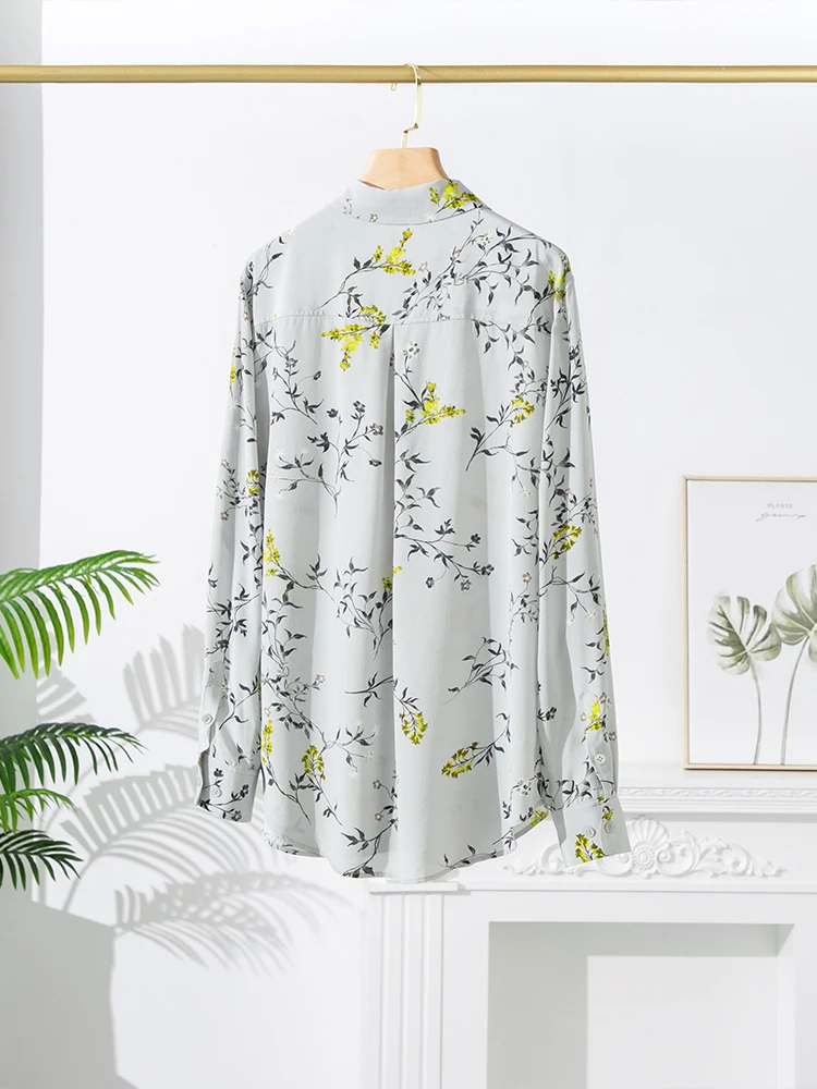 SuyaDream Woman Floral Shirts 100%Mulberry Silk Turn Down Collar Printed Chic Blouses 2023 Spring Summer Grey Top