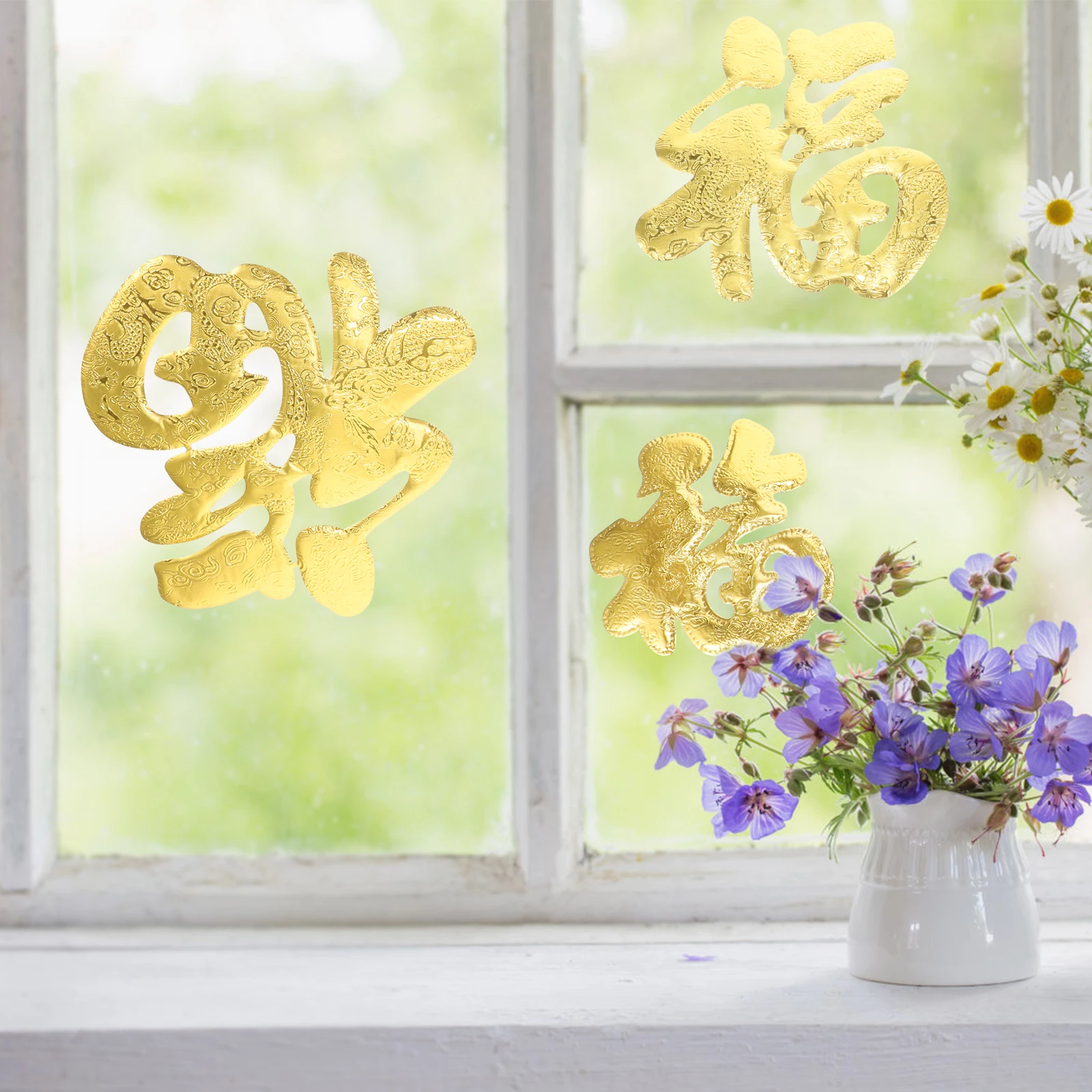 

6 Pcs Golden Fu Word Stickers PVC Decor Chinese New Year Festival Door Wall Window nament Holiday