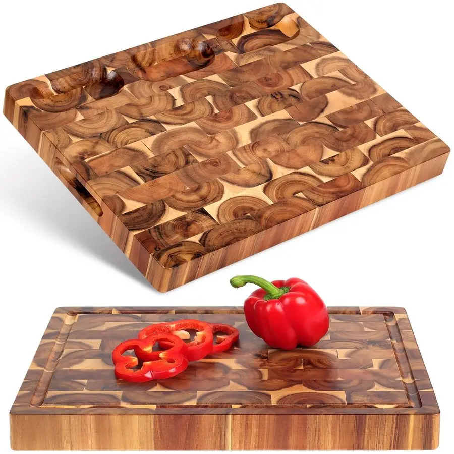 

End Grain Cutting Board 17x13x1.5in, Butcher Block Reversible Multipurpose Chopping Board with Juice Groove, Cracker Holder amp