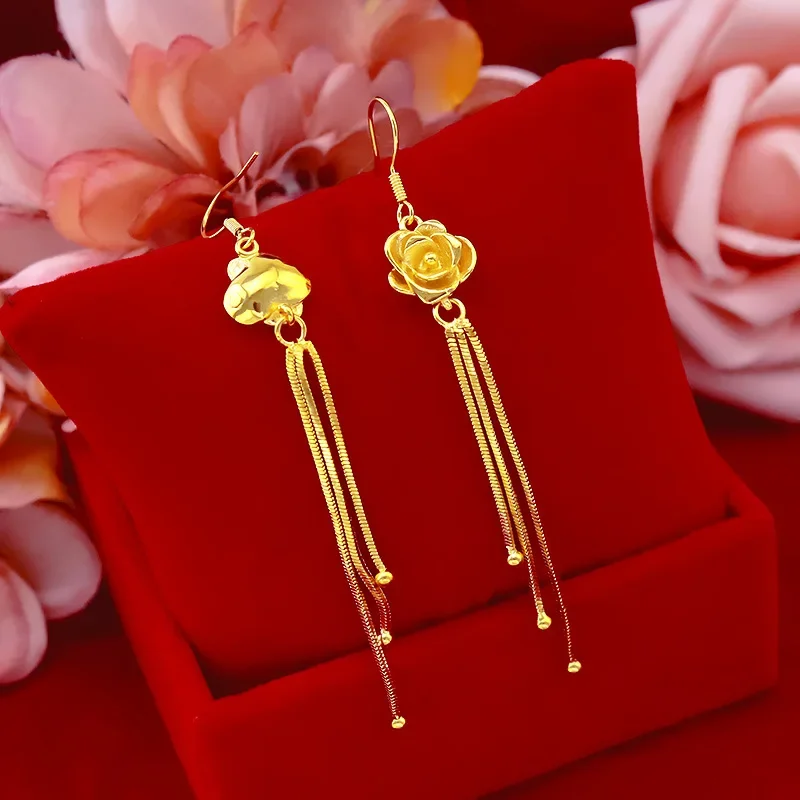 9999 oro real 24K oro amarillo pendientes de flores de moda gancho de oreja de flor rosa