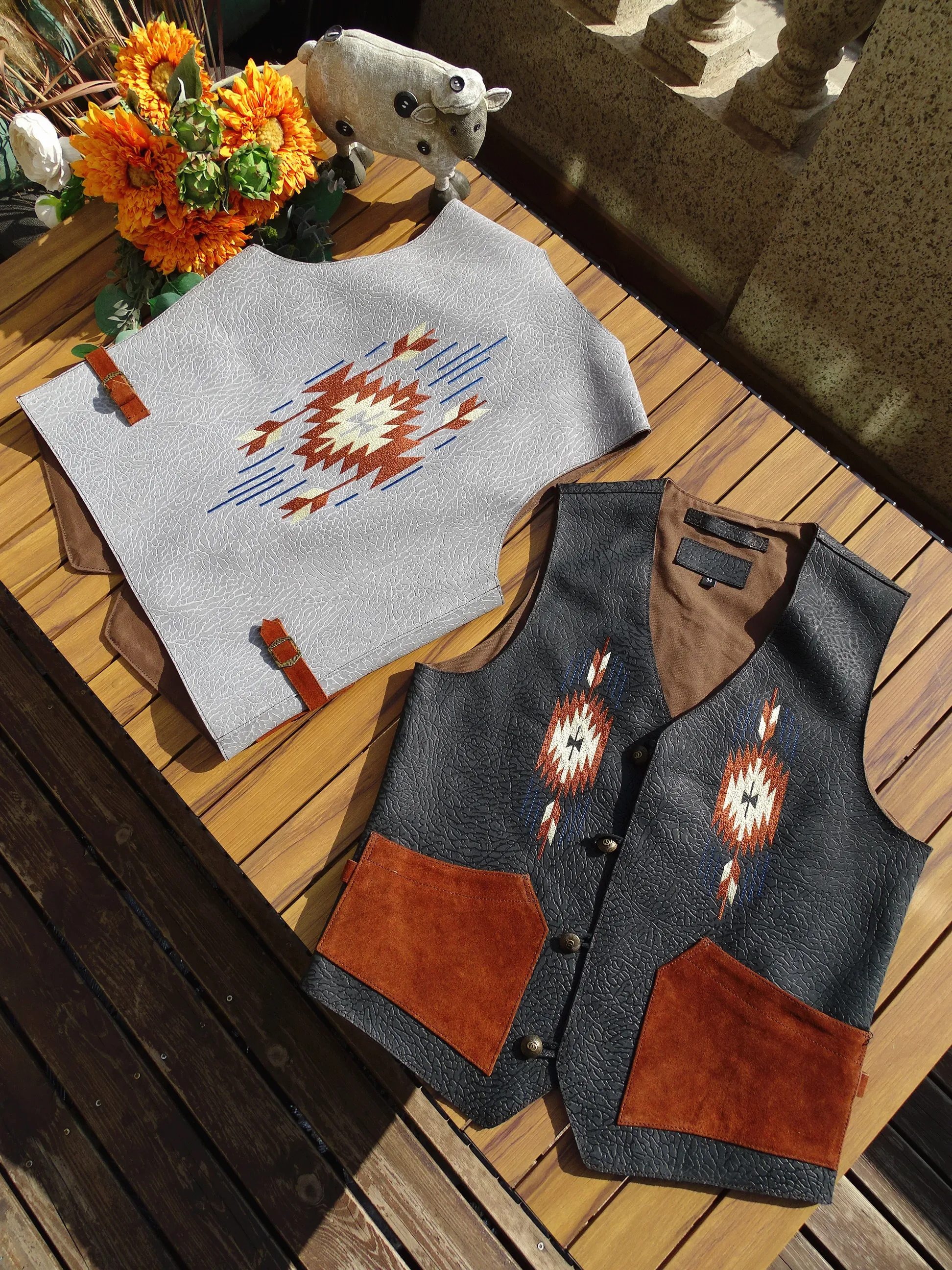 

American Retro Biker Vest ex Leather Embroidery Jaet Faion Urban Sle V-Ne ort Length Single Button Closure