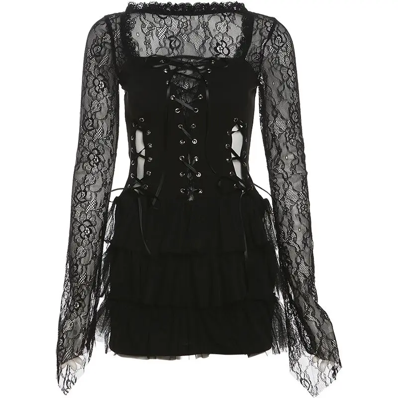 Dark Spice Girl Estilo Camada Cintura Vestido Feminino Renda Emenda Cinta Saia Fina vestido de verão feminino 2025