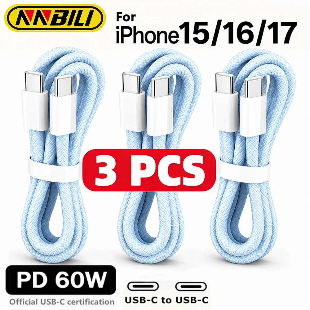 NNBILI 3 Stück PD 60W Nylon-Geflecht USB Typ C zu USB C Schnellladekabel für iPhone 16 17 Kompatibilität Samsung USBC Schnellladung