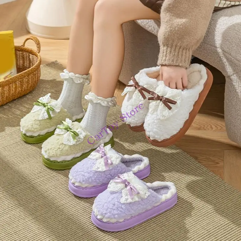 

Зимние тапочки на толстой подошве для женщин, теплая плюшевая подкладка, милая домашняя обувь с кружевом и бантом на силиконовой