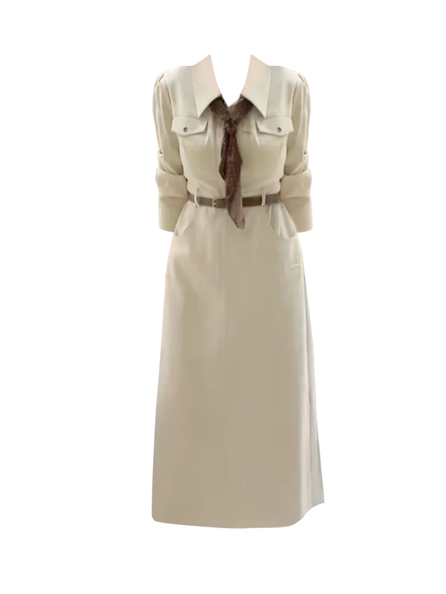 

plus Size Korean Sle Workwear irt Dr Women's Spring Slimming Long A-Line Skirt Casual Single Button Long Sve Dr