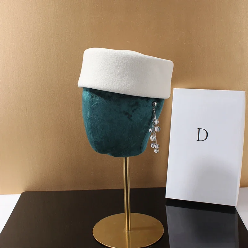 New Hard Top Wool Felt Berets Concave Top British Retro Vintage Fedoras Hats Wedding Fascinator Hats Formal Events Ladies' Hat