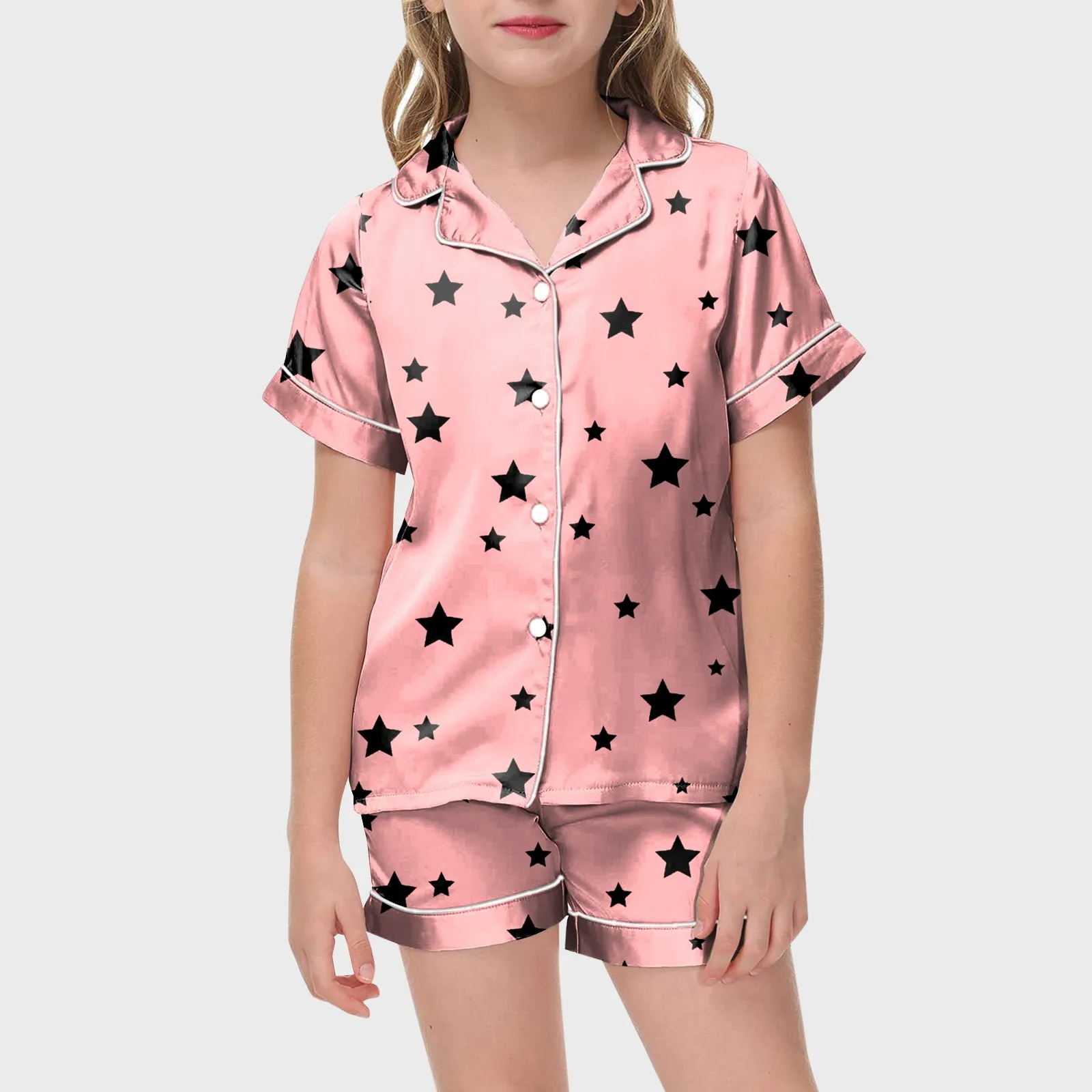 

Cute Teen Long Sleeve Tops Girls Cute Printed Lapel Short Sleeve Shorts Children Pajama Set 2 Pc Set Cute Baby Girl Clothe