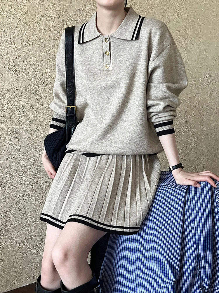 [EAM] Oat Color Sweater Half-body Skirt Two Pieces Suit New Lapel Long Sleeve Women Fashion Tide Spring Autumn 2024 1DH7901