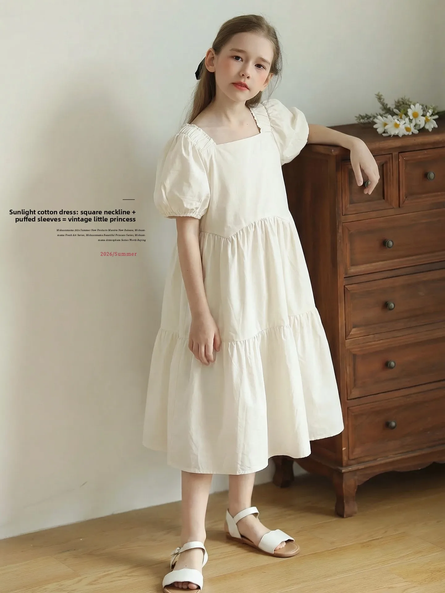 princess-style-cotton-dress-for-girls-summer-loose-fit-long-doll-dress-high-waist-bubble-sleeve-soft-comfortable-cotton-gown