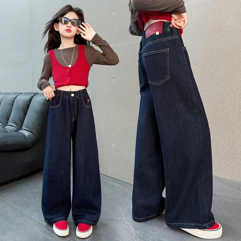 

Girls Straight Leg Jeans Heart Embroidery Pocket Tween Children Casual Denim Trousers Teenage Kids Autumn High Waist Trousers