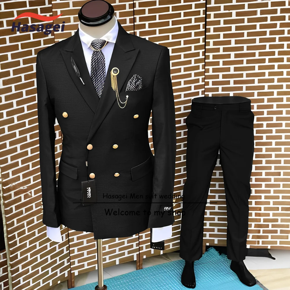 Formal Suit for Men Wedding Tuxedo Double-breasted Jacket and Pants 2-piece Set Business Blazer Gold Buttons Suit Groom