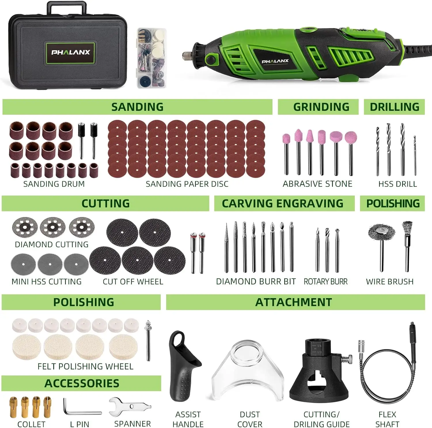 180W Rotary Tool Kit, 1.5-Amp 6 Variable Speed with Flex Shaft, 8000-32000RPM Multi-Tool& 139pcs Accessories Kit