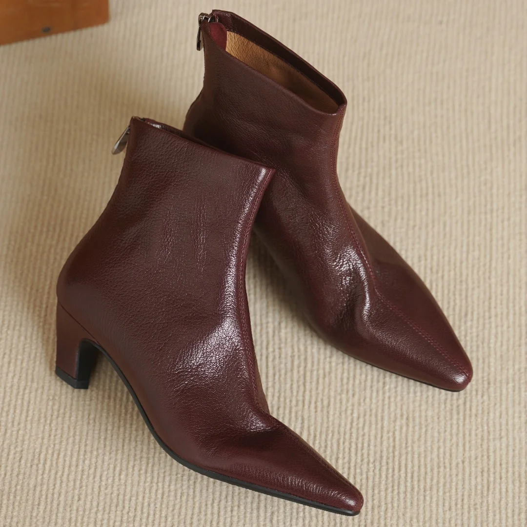 

Women's sheepskin pointed toe side zip autumn ankle boots 5cm thin high heel elegant ladies soft slim dress short booties shoes