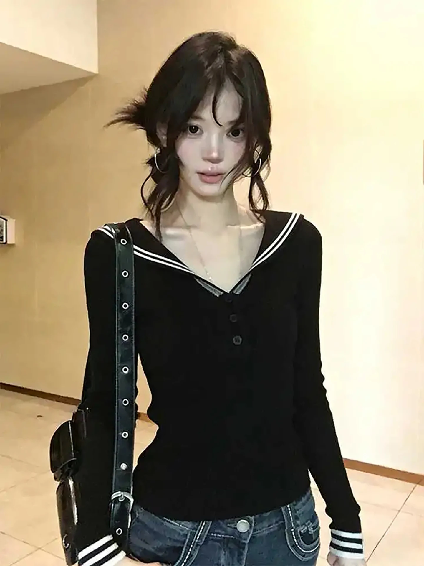 

Облегающий вязаный свитер с темно-синим воротником для поездок на работу, антивозрастной топ, женский корейский топ из мягкой ткани, длинный свеч ort Length