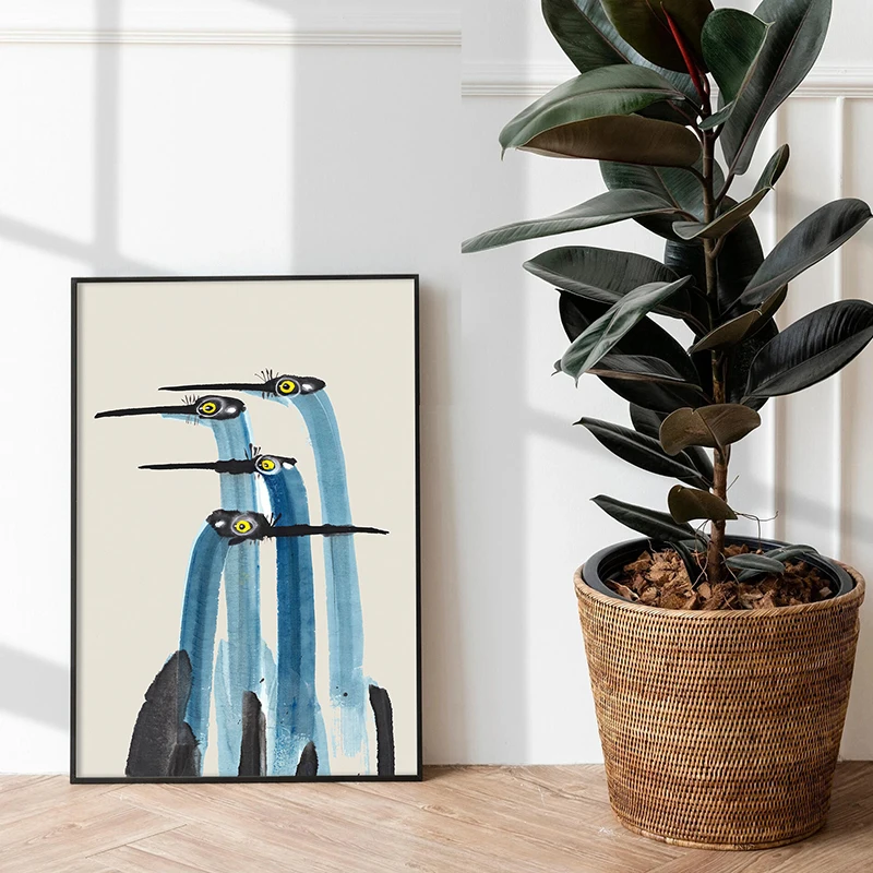 Yellow Birds Crane Print Japanese Oriental Art Prints Coastal Wall Art Canvas Painting Vintage Poster Wall Picture Home Decor