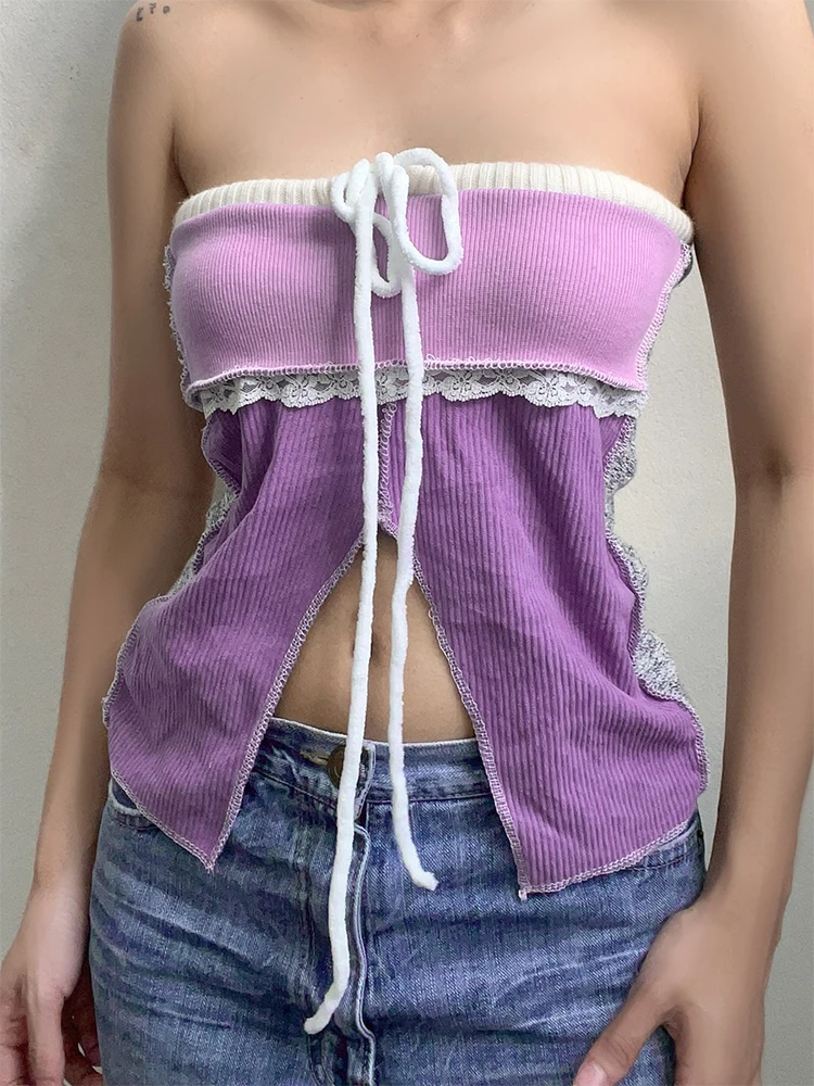 Sommer Neue frauen Tank Streetwear Fashion Lace-up Patchwork Split Beiläufige Dünne Top Tank Sexy Weibliche Backless Liebsten spitze Tank