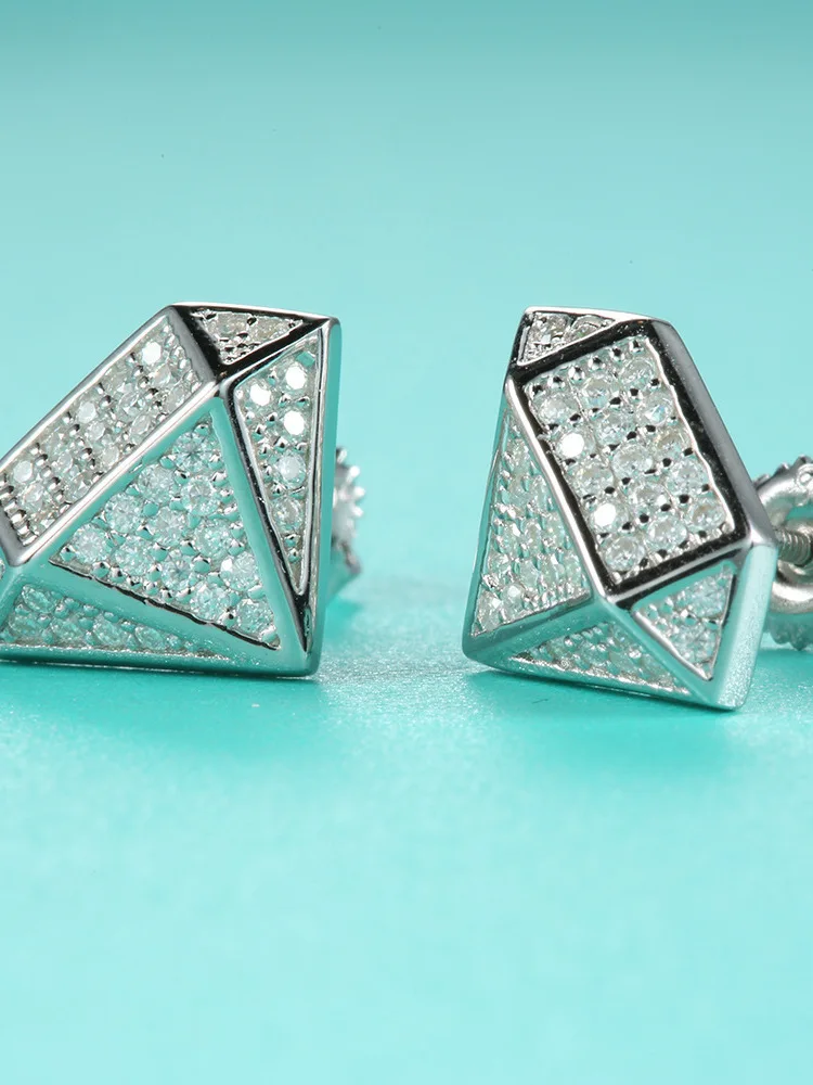 

Hip Hop Fashion Rock Style Triangle 925 Sterling Silver Moissanite Earrings For Men Party Moissanite Screw Back Earrings