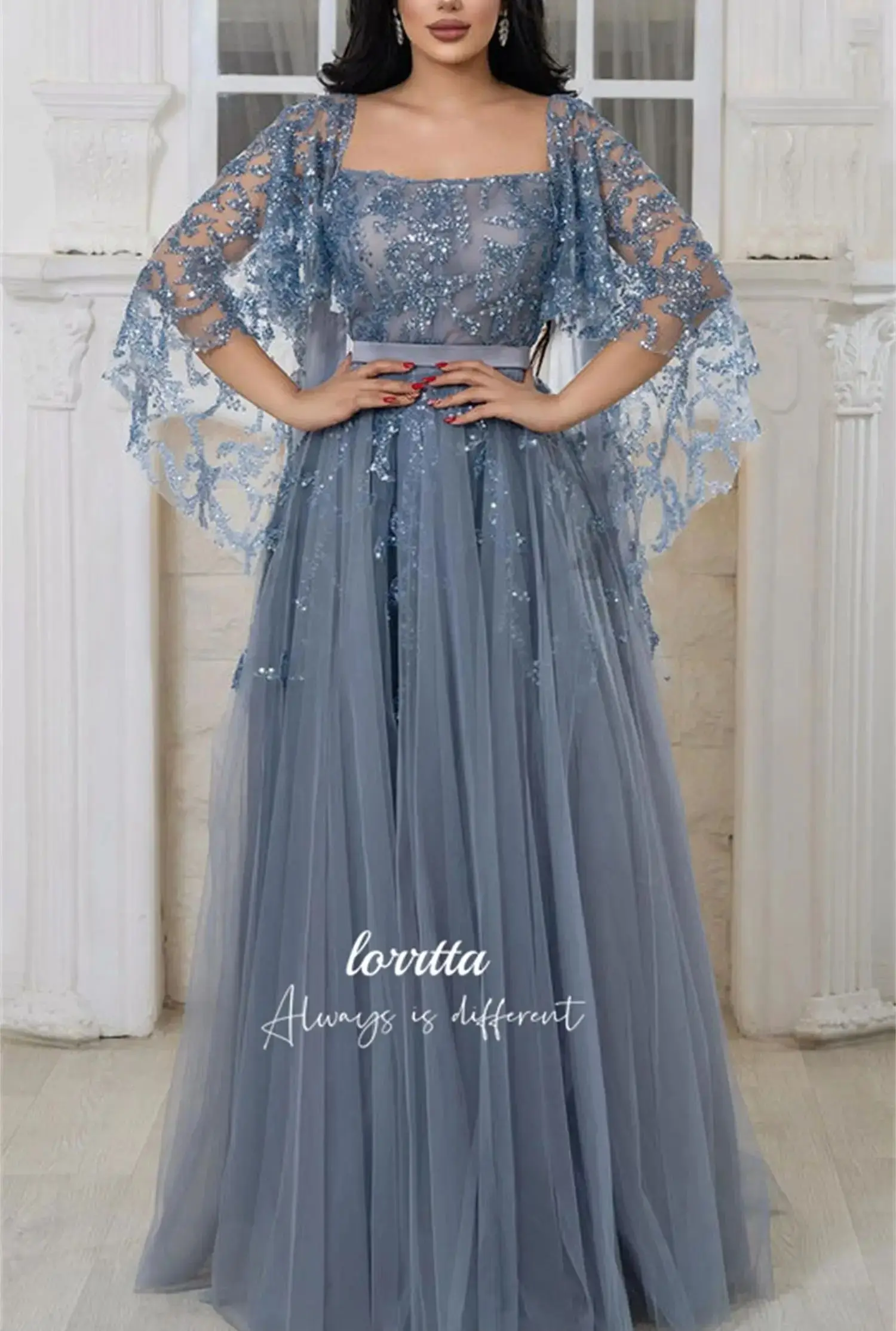 Line A Eid Al-fitr Glitter Decoration Evening Dress Gray Blue Celebrity Dresses With Long Sleeves Ball Gowns Formal Customized