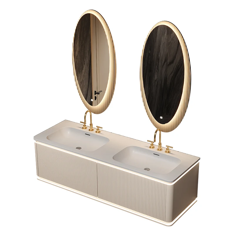 

Light luxury Corian integrated basin Shuanglong rubber wood paint smart bathroom cabinet enlarged basin customization