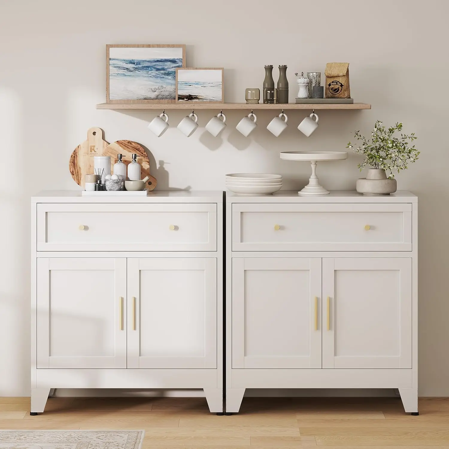White Metal Buffet Cabinet with Storage for Kitchen or Dining Room