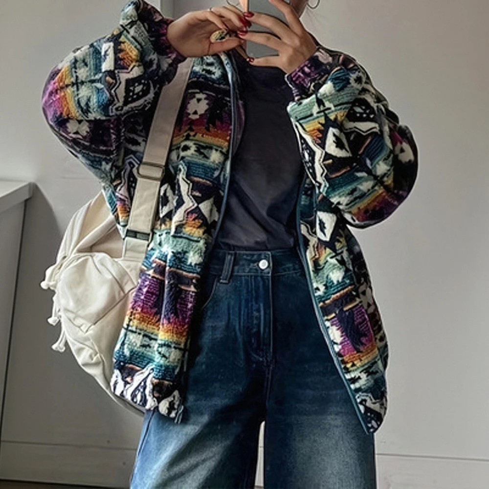 

Теплая плюшевая куртка на молнии с этническим принтом, осень-зима, новый стиль, торговая бестселлерная повседневная верхняя одежда