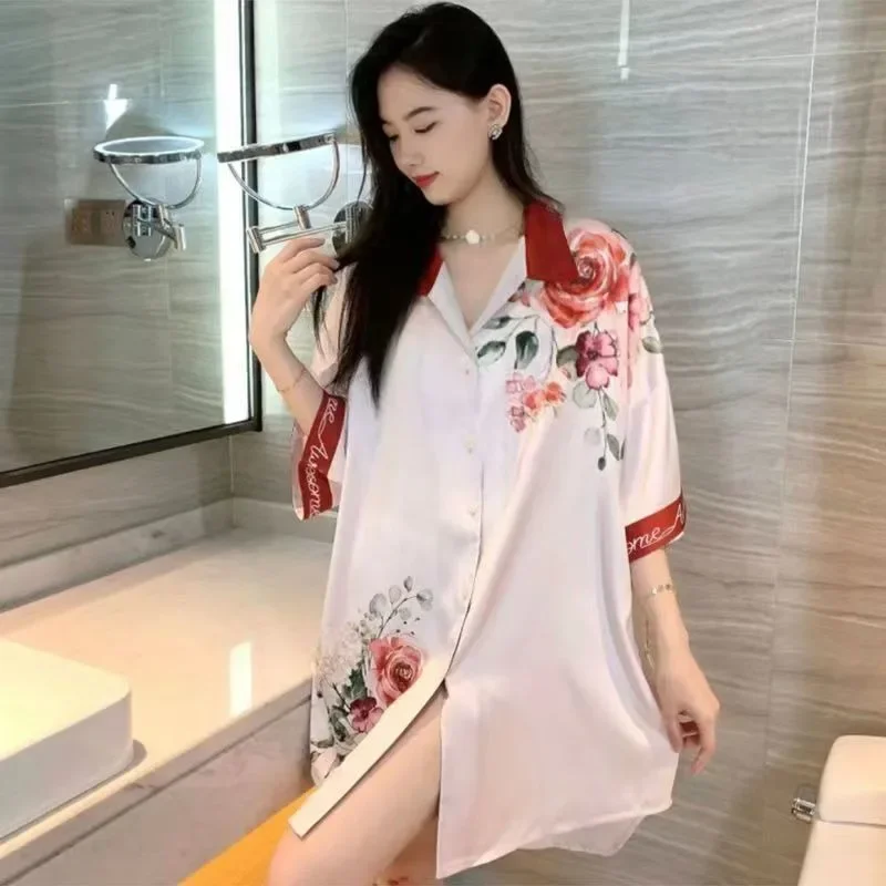 2024 New Extra-large Short Nightdress Women Summer Loungewear French Thin Shirt Half Sleeve Pajamas Women V-neck Homewear