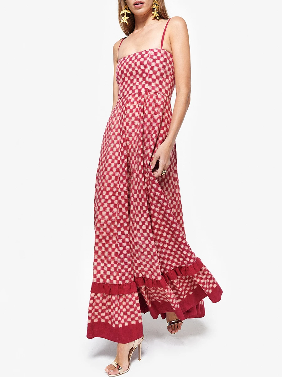 Women'S Long Beach Checkered Dress Sleeveless Italian Noodle Strap Chessboard Printed Flower Dress Midi Sling Dress