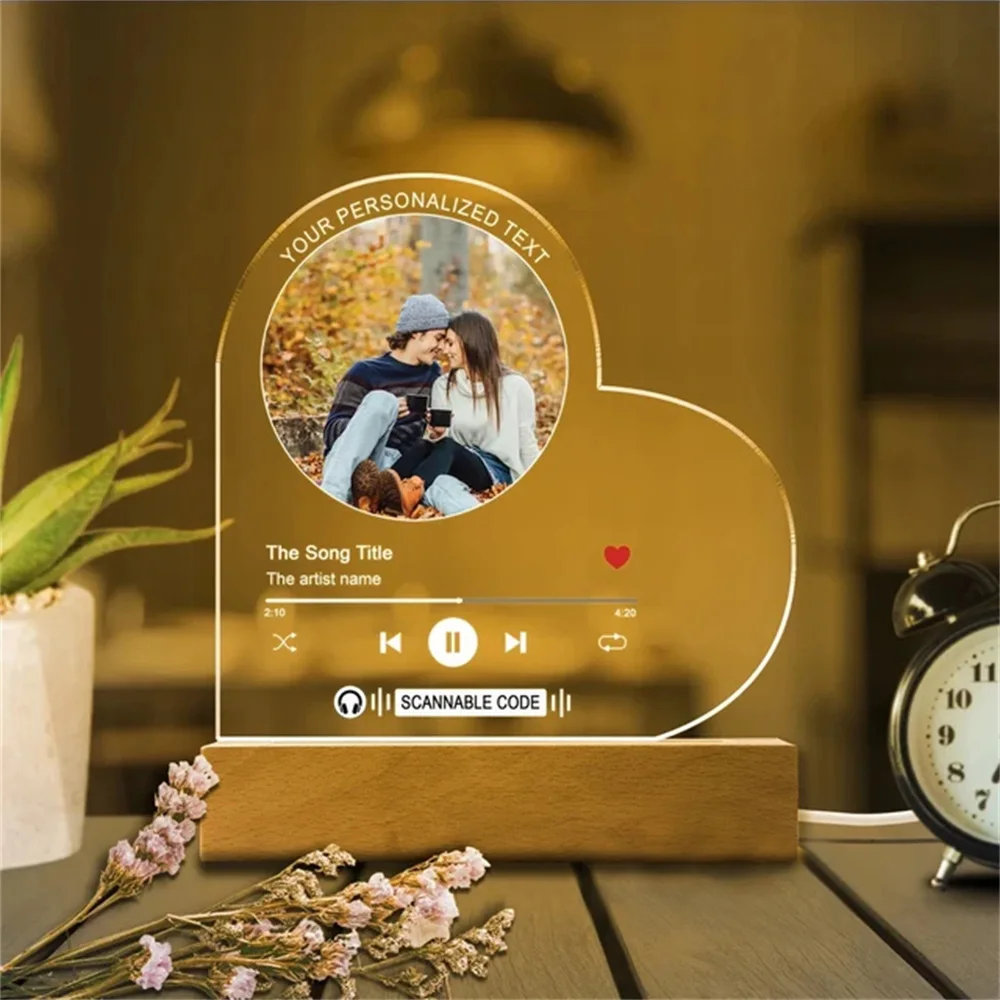 لوحة موسيقى مخصصة مع ضوء LED ، صورة مخصصة ، لوحة أغاني ، مصباح قلب أكريليك ، هدية رومانسية ، ذكرى عيد الحب ، طباعة ثلاثية الأبعاد