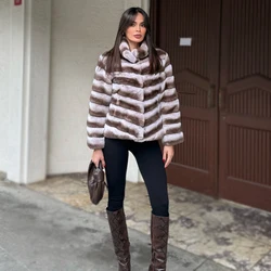 Winter Chinchilla Fur Coat Women Rex Rabbit Fur Coat Natural Fur Winter Jacket Women Short Fur Coat